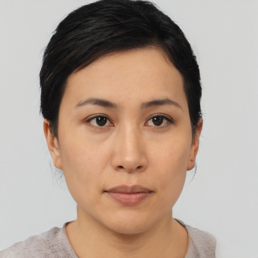 Neutral asian young-adult female with short  black hair and brown eyes