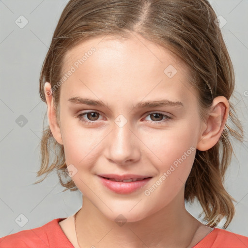 Joyful white child female with medium  brown hair and brown eyes