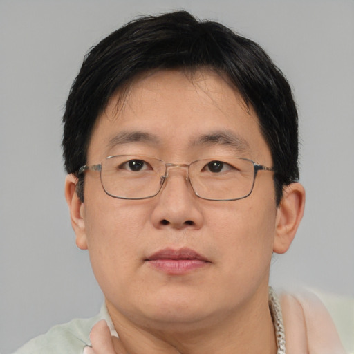 Neutral asian adult male with short  brown hair and brown eyes
