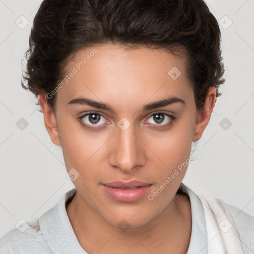 Neutral white young-adult female with short  brown hair and brown eyes