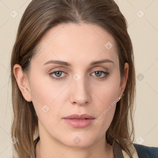 Neutral white young-adult female with long  brown hair and grey eyes