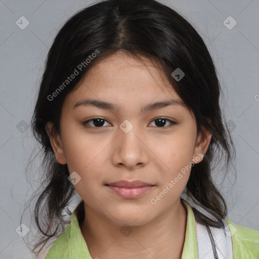 Neutral asian young-adult female with medium  brown hair and brown eyes