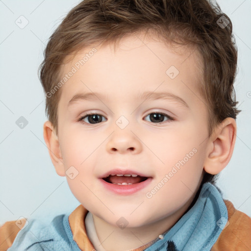 Joyful white child male with short  brown hair and brown eyes