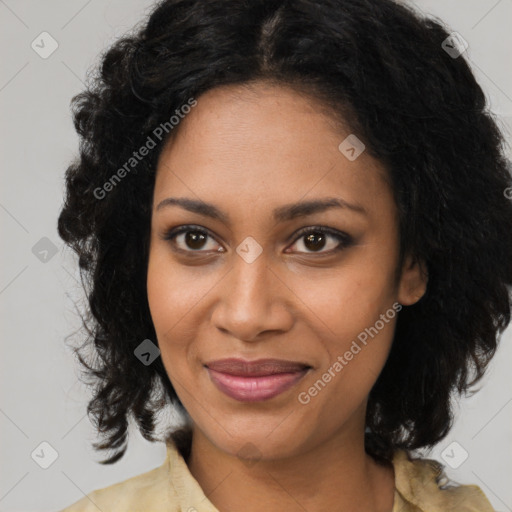 Joyful black young-adult female with medium  black hair and brown eyes