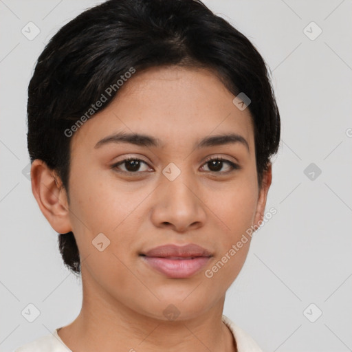 Joyful latino young-adult female with short  brown hair and brown eyes