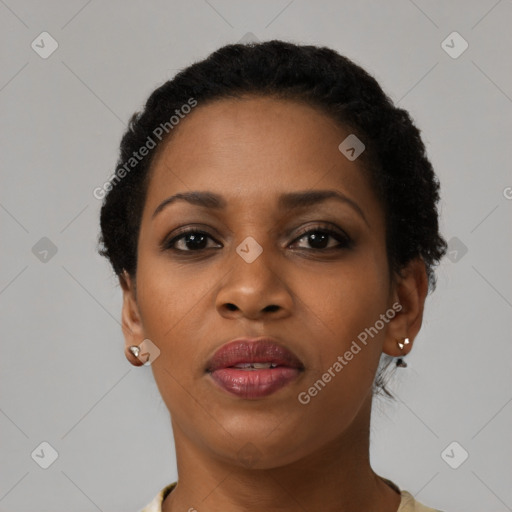 Neutral black young-adult female with short  brown hair and brown eyes