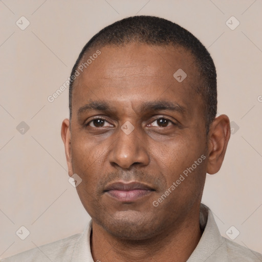 Neutral black adult male with short  black hair and brown eyes