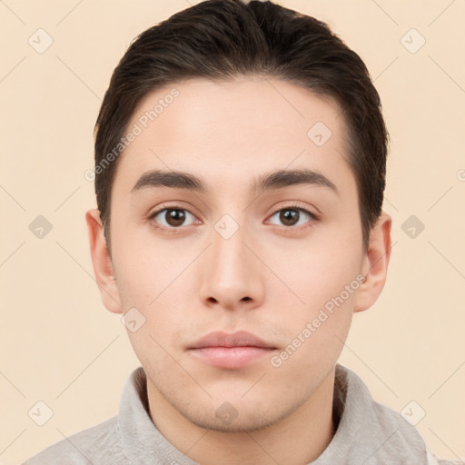 Neutral white young-adult male with short  brown hair and brown eyes