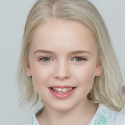 Joyful white child female with medium  brown hair and blue eyes