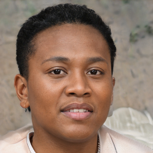 Joyful black young-adult female with short  brown hair and brown eyes