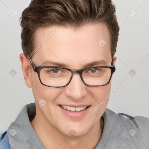 Joyful white young-adult female with short  brown hair and blue eyes