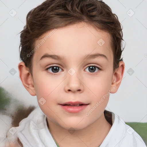 Joyful white child female with short  brown hair and brown eyes