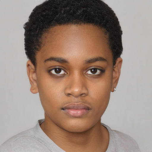 Neutral black young-adult female with short  black hair and brown eyes