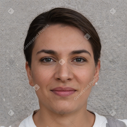 Joyful white young-adult female with short  brown hair and brown eyes