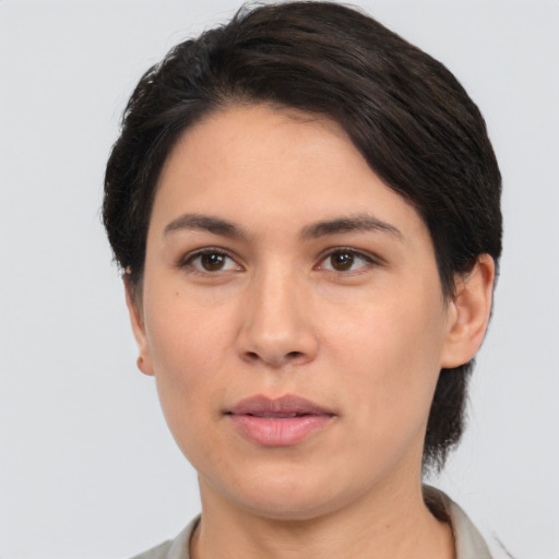 Neutral asian young-adult female with short  brown hair and brown eyes