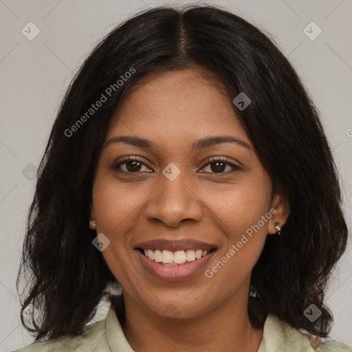 Joyful black young-adult female with medium  brown hair and brown eyes