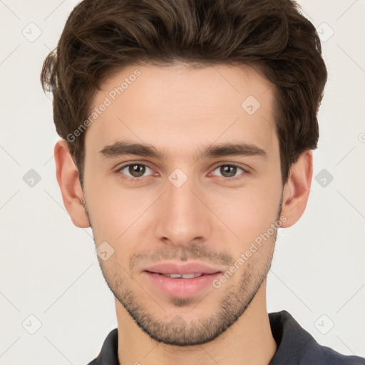 Neutral white young-adult male with short  brown hair and brown eyes