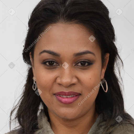 Joyful latino young-adult female with long  brown hair and brown eyes