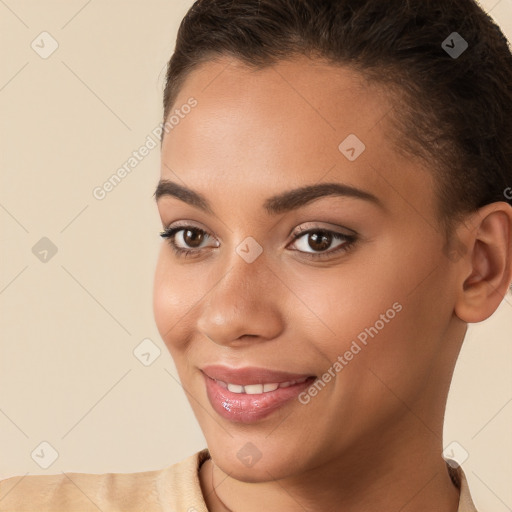 Joyful white young-adult female with short  brown hair and brown eyes