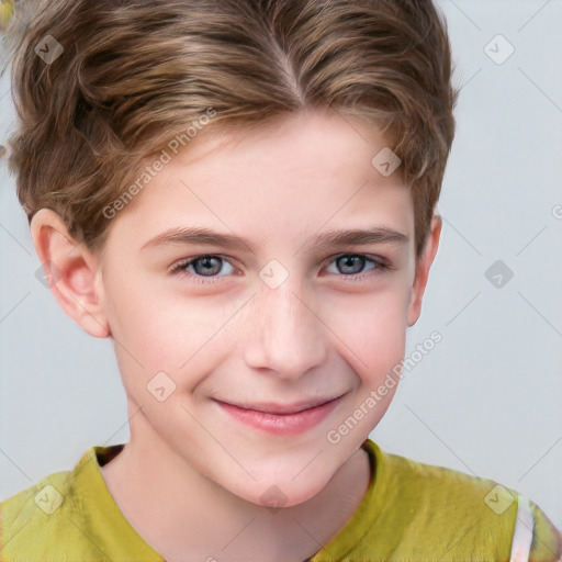 Joyful white child male with short  brown hair and grey eyes