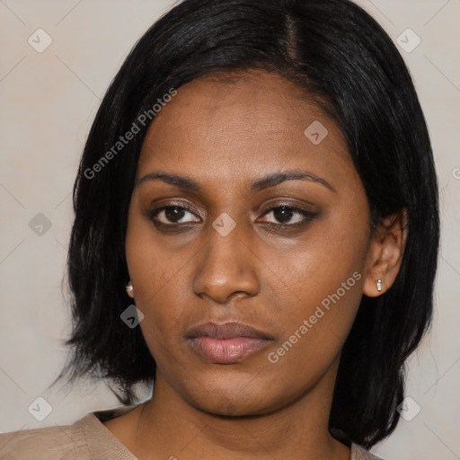 Neutral asian young-adult female with medium  black hair and brown eyes