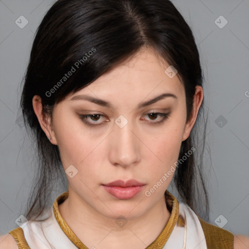 Neutral white young-adult female with medium  brown hair and brown eyes