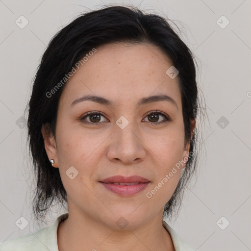 Joyful latino young-adult female with medium  brown hair and brown eyes