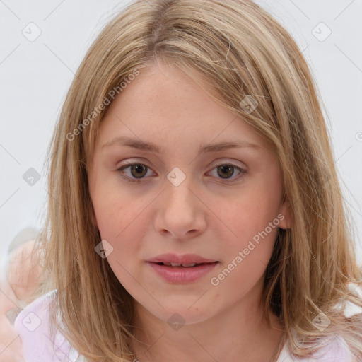 Joyful white child female with medium  brown hair and brown eyes