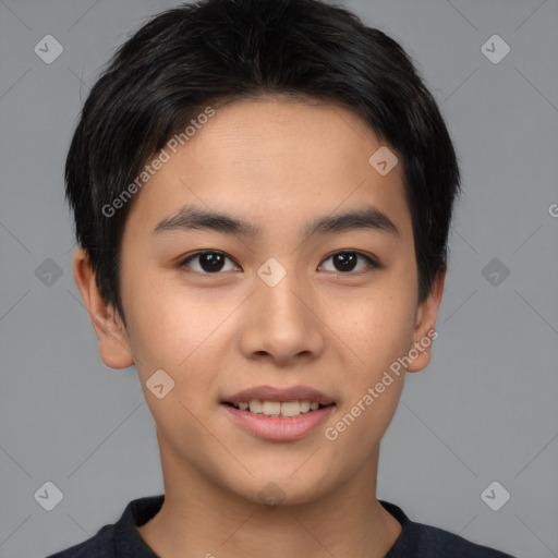 Joyful asian young-adult male with short  brown hair and brown eyes