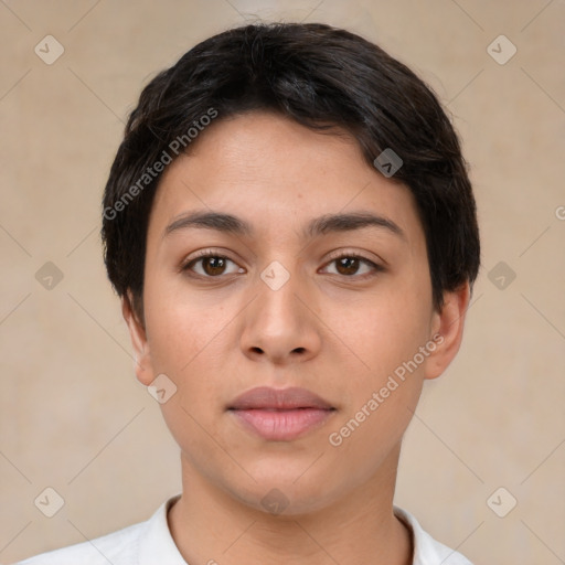 Neutral white young-adult female with short  black hair and brown eyes