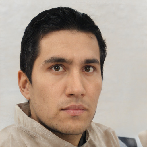 Neutral asian young-adult male with short  black hair and brown eyes