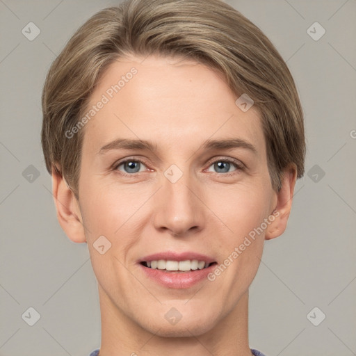 Joyful white young-adult female with short  brown hair and grey eyes