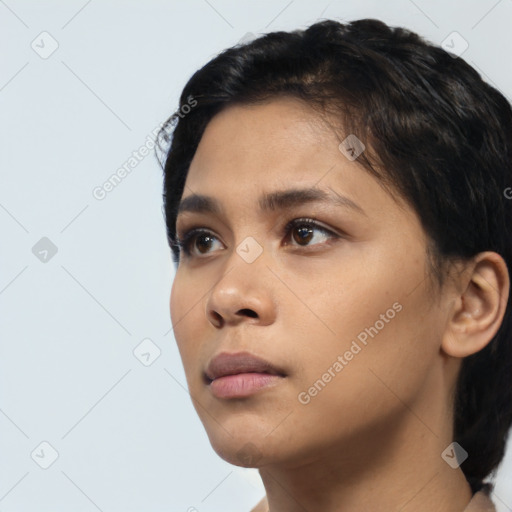 Neutral latino young-adult female with short  black hair and brown eyes