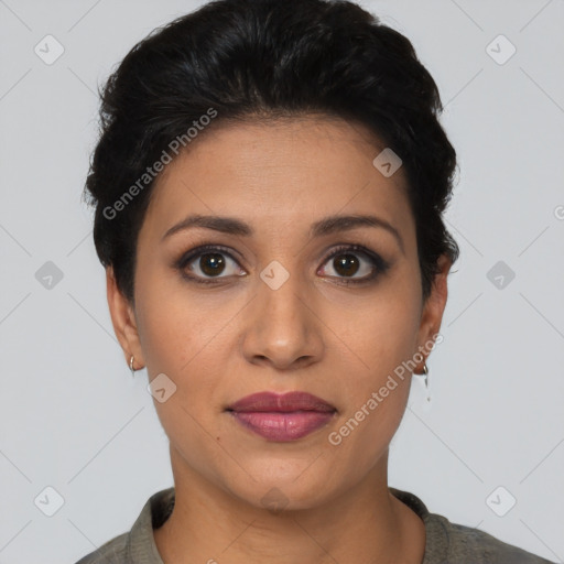 Joyful latino young-adult female with short  brown hair and brown eyes