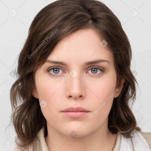 Neutral white young-adult female with medium  brown hair and grey eyes