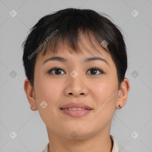 Joyful asian young-adult female with short  brown hair and brown eyes