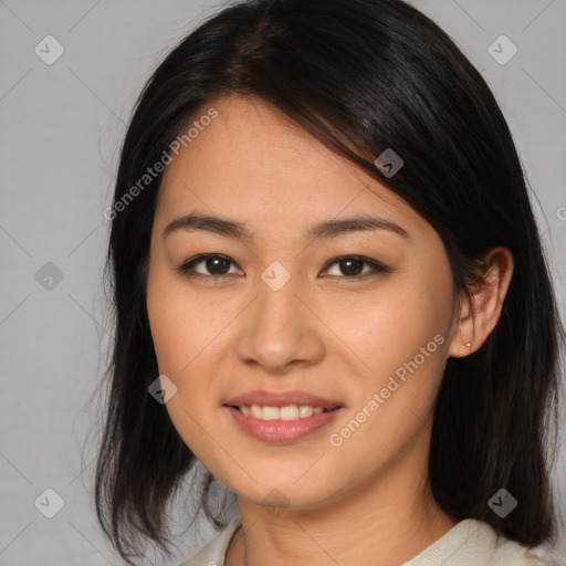 Joyful asian young-adult female with medium  brown hair and brown eyes