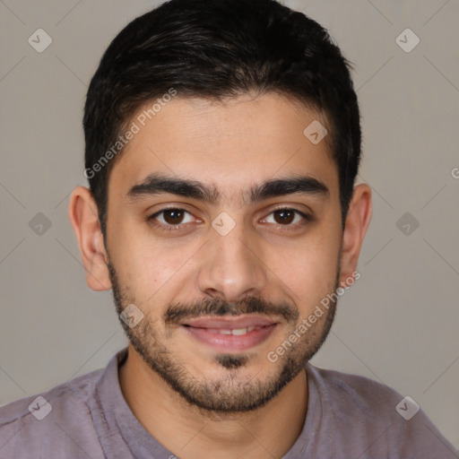 Joyful latino young-adult male with short  brown hair and brown eyes