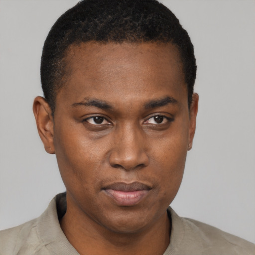 Neutral black young-adult male with short  black hair and brown eyes
