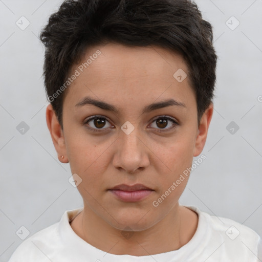 Neutral white young-adult female with short  brown hair and brown eyes