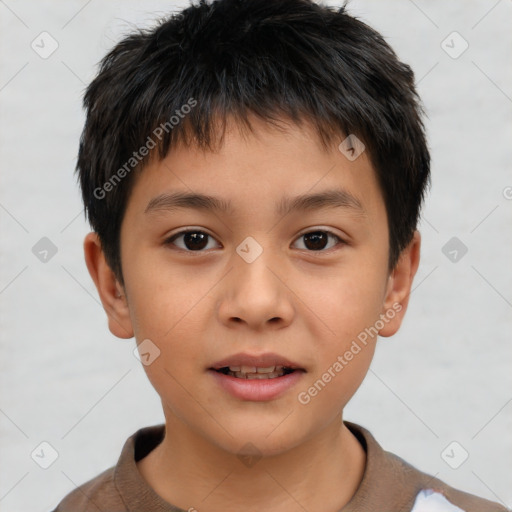 Joyful white child male with short  brown hair and brown eyes