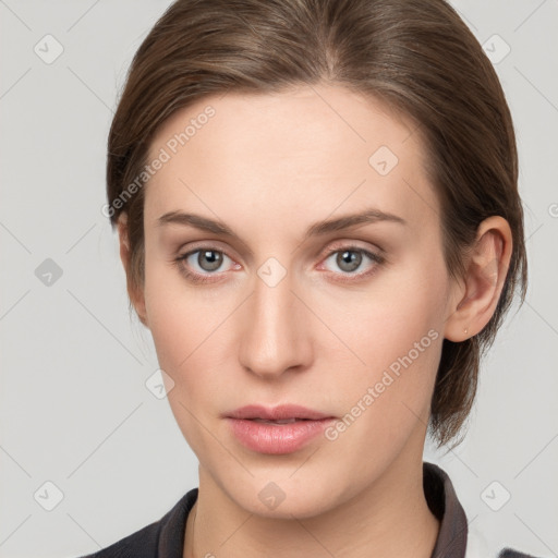 Neutral white young-adult female with medium  brown hair and grey eyes