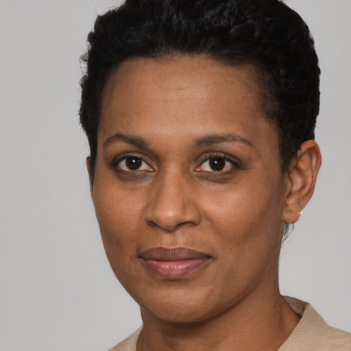 Joyful black adult female with short  black hair and brown eyes