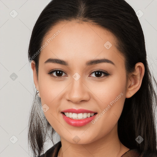 Joyful white young-adult female with long  brown hair and brown eyes