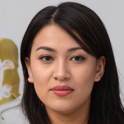 Neutral asian young-adult female with long  brown hair and brown eyes