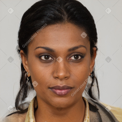 Neutral black young-adult female with medium  brown hair and brown eyes