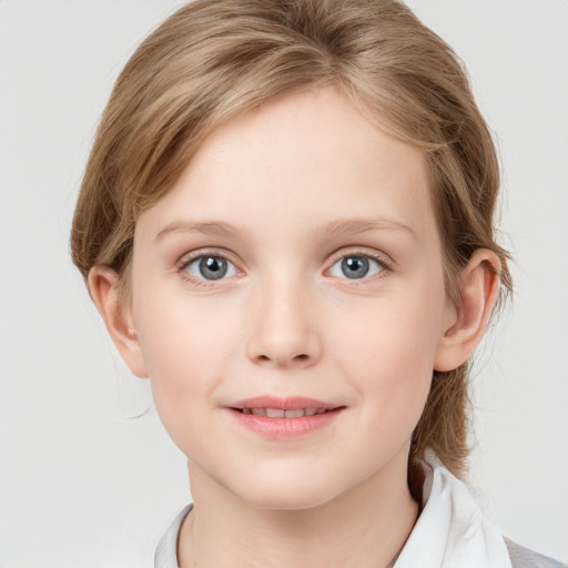 Joyful white child female with medium  brown hair and blue eyes