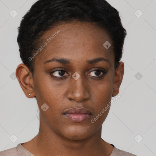 Neutral black young-adult female with short  brown hair and brown eyes