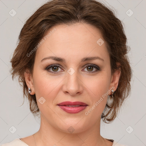 Joyful white young-adult female with medium  brown hair and green eyes