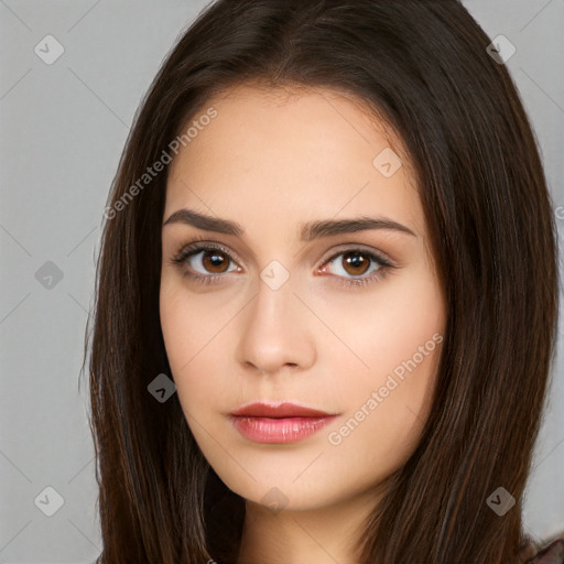 Neutral white young-adult female with long  brown hair and brown eyes